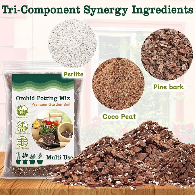 Orchid Potting Mix, 2 Quarts Orchid Bark Potting Mix with Pine Bark, Coco Peat & Perlite, Orchid Bark for Indoor Plants, Orchid Soil with Excellent Water Retention & Ventilation