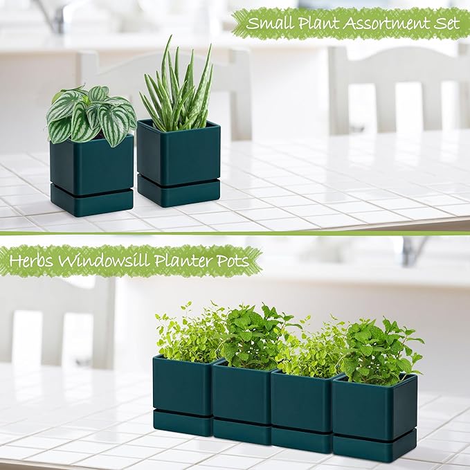 D'vine Dev 4 Inch Herb Planter Pot, Plastic Planter with Drainage Holes and Saucer, Modern Decorative Gardening Pot for Indoor Plants, Flowers, Herbs, Succulents, Green, Set of 4, 76-Y-C-4