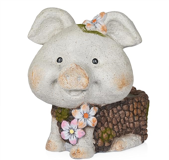 Alpine Corporation WQA1596 Smiling Pig Statue Planter w/Drainage Hole, Stylish Decor for Garden, Patio, & Lawn, 13" H, Gray
