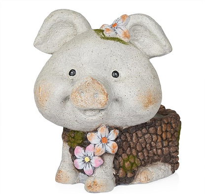 Alpine Corporation WQA1596 Smiling Pig Statue Planter w/Drainage Hole, Stylish Decor for Garden, Patio, & Lawn, 13" H, Gray