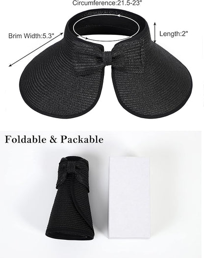 Womens Beach Straw Sun Hats Ponytail Hole Wide Brim Summer Visor Foldable Hat Sun Protection Packable for Travel Pool