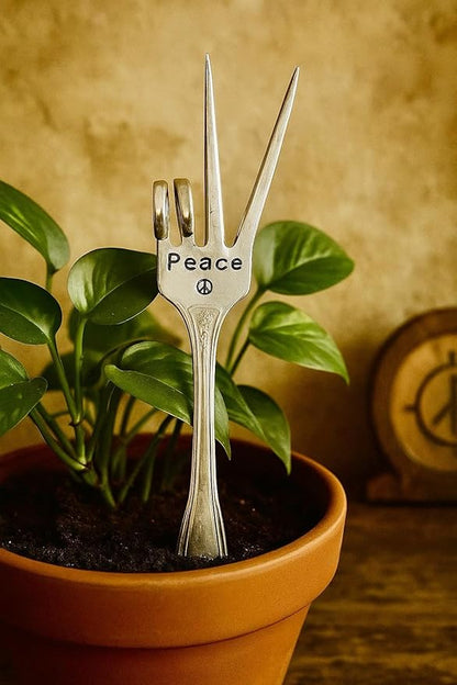 Plant Marker, Peace Sign Fork, Container Indoor Garden, Recycled Fork Stamped