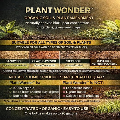 PlantWonder (Plant Wonder) Black Peat Potassium Humate – Liquid Humic & Fulvic Acid Soil Conditioner – Organic Root & Soil Enhancer for Vegetables, Lawn & Garden – 16 oz Concentrate