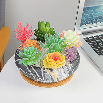ARTKETTY Succulent Pots - 7.3 Inch Large Bonsai Pots with Drainage Tray, Ceramic Pots for Indoor Plants, Shallow Succulent Planters Marble Cactus Flower Plant Container Bowl