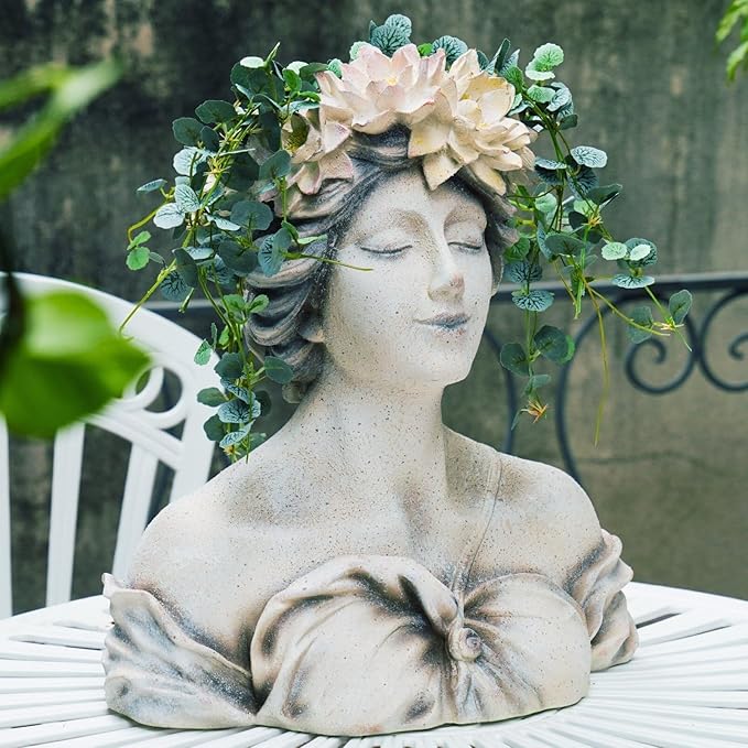 Head Planter Face Flower Pot - Lily Pond Goddess Planter 9 Inch Garden Resin Face Planter with Drainage Hole Plants Pot for Indoor and Outdoor Plant Closed Eyes 15 * 9 * 16 Inch