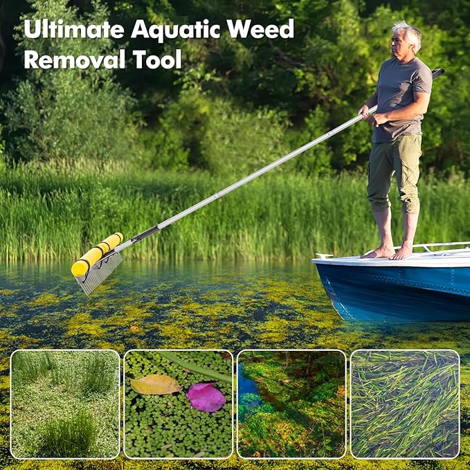 IRONMAX Lake Rake, 36’’ Folding Aluminum Aquatic Weed Rake Weed Cutter with Foam Floats, Extended Handle & Rope, Weed Rake for Algae Removal Plant Cutting