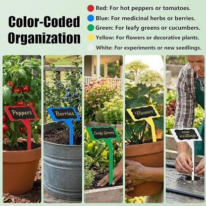 100 Pack T-Type Plant Labels for Outdoor Garden (5 Colors) with 104 Black Stickers & 2 Gold Paint Pen, Large 11.8" Waterproof Plastic Garden Markers Tags for Herbs, Flowers, Vegetables