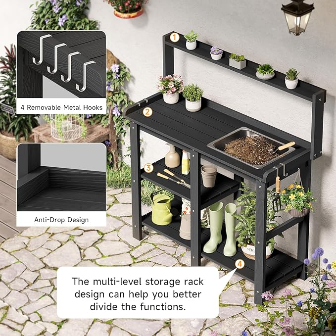 ONBRILL Potting Bench, Outdoor Potting Bench Table with Removable Sink, HDPS Potting Benches for Outside, Garden Table with Storage Shelves & 4 Side Hooks, No Rot, No Fade, No Break, 360lbs Capacity