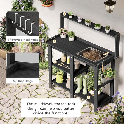 ONBRILL Potting Bench, Outdoor Potting Bench Table with Removable Sink, HDPS Potting Benches for Outside, Garden Table with Storage Shelves & 4 Side Hooks, No Rot, No Fade, No Break, 360lbs Capacity