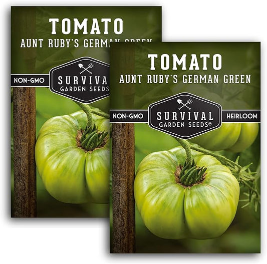 Aunt Ruby’s German Green Tomato Seeds for Planting – Heirloom Indeterminate Variety with Sweet Flavor – Non-GMO Open-Pollinated Green-When-Ripe Tomatoes – Survival Garden Seeds (2 Pack)
