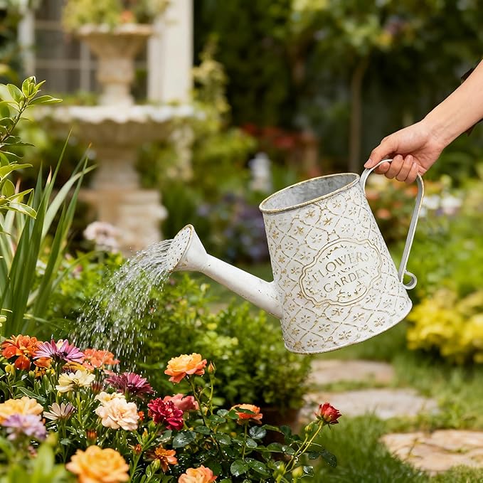 Vintage White Metal Flower & Garden Watering Can, Rustic Farmhouse Decorative Watering Pot Planter for Home Patio Backyard Outdoor Plant Care