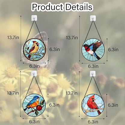 Stained Glass Window Hanging 4 Pcs Set Cardinal Blue Birds 6.3" - Suncatcher Door Garden Sun Catcher Decor Birthday Mother's Day for Bird Lovers Men Woman Nana Friend