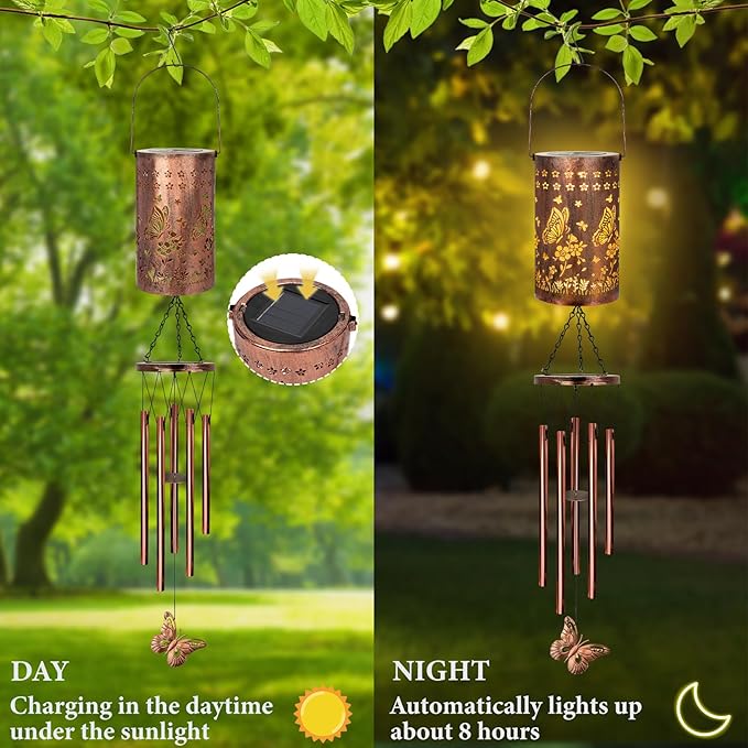 YHmall Butterfly Solar Wind Chimes for Outside, Butterfly Birthday Gifts for Women, Men, Solar Lanterns Windchimes Outdoors, Metal Wind Chime for Home Garden Outdoor Yard Decor