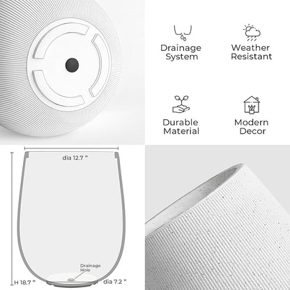 Worth Garden White Large Round Planter, 12.5" Dia x 18.5" H Lightweight Magnesium Oxide Cement Plant Pot with a Striped Textured Finish, Raised Pattern Concrete Look, Drainage Hole, Indoor & Outdoor