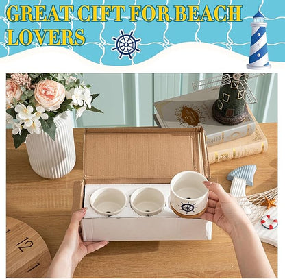 3 Pcs Decor Gift for Women Planter Ceramic Gift Animal Plant Pot with Bamboo Tray for Office Home Farm House Bathroom Kitchen Christmas Decorations (No Plants Included)(Nautical)