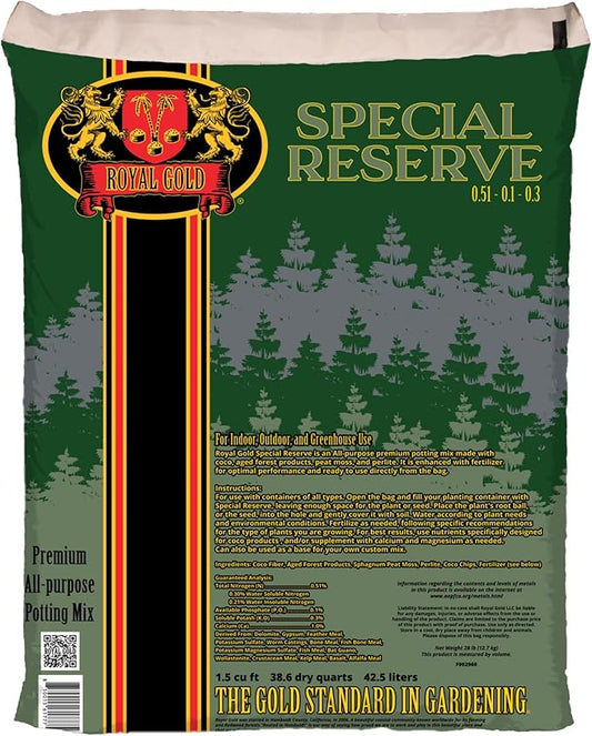Royal Gold Special Reserve Premium Potting Mix, 1.5 Cubic Foot - All-Purpose Soil for Indoor & Outdoor Container Gardens - Coco, Composted Forest Material, Peat Moss & Perlite, Pre-Fertilized Blend