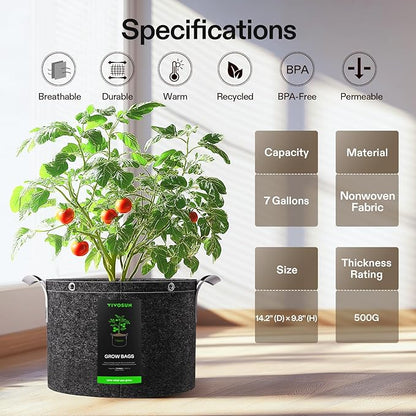 VIVOSUN 10-Pack 7 Gallon Grow Bags, 500G Thick Nonwoven Fabric Pots with Strap Handles, Multi-Purpose Rings, for Low Stress Plant Training Fruits, Vegetables, and Flowers