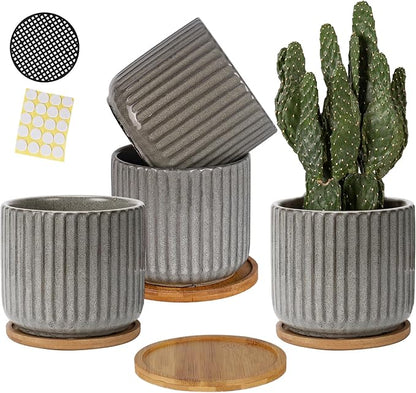 TAMAYKIM 5.25 Inch Ceramic Plant Pots with Drainage Holes and Saucers, Modern Vertical Pattern Flower Pots with Trays for Indoor Planters, Snake Plant, Succulent, Cactus and Herbs, Set of 4