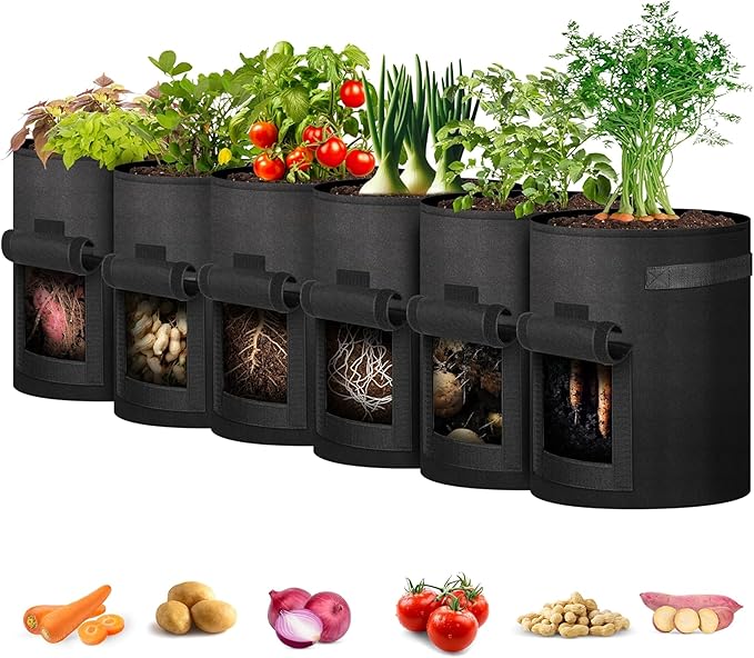 iPower Potato Grow Bags with Flap 10 Gallon 6 Pack, Garden Planting Pot with Durable Handle and Harvest Window, Thickened Nonwoven Fabric Container for Potato, Tomato, Carrot, Vegetable and Fruits