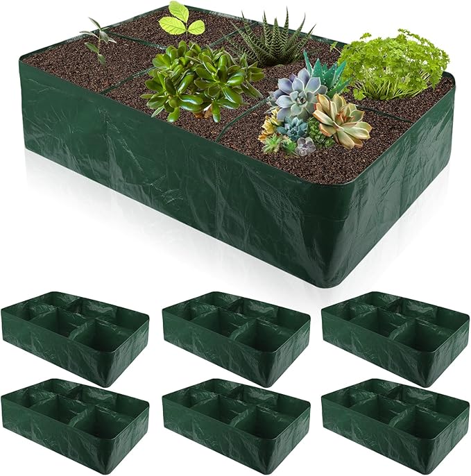 Gerrii 6 Pack 35 Gallon Fabric Raised Garden Beds Rectangle Garden Planting Bed with 6 Divided Grids Drainage Holes 4 Pcs Warehouse Gloves for Vegetables Flowers Tomatoes Herb(Polypropylene, Cotton)
