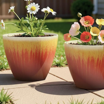 8 inch Plant Pots Pack of 2, Plastic Flower Pots Flower Pots, Modern Glossy Finishing Planter for Indoor Outdoor Plants (Orange Glaze)