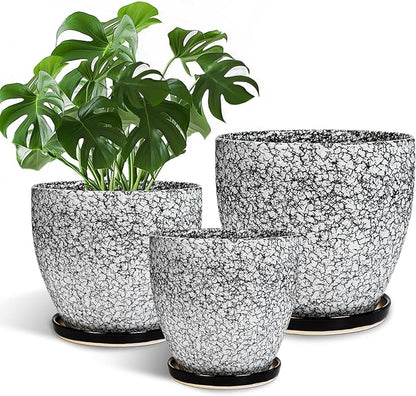 Ceramic Pots for Plants - 10+8+6 Inch Round Flower Pots with Drainage Holes and Saucers, Decorative Planters for Indoor Outdoor, Porch Decor, Housewarming Gifts, Set of 3, White-Black