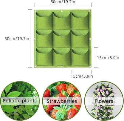 Hanging Planting Grow Bags, 9 Pockets Hanging Vertical Wall Planter Wall Mounted Grow Bag Outdoor Indoor Gardening Vertical Greening Flower Container, Planting Bags Storage Bags(0.5 m × 0.5 m, Green)