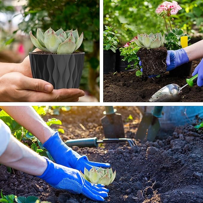4 Inch Small Pots for Plants, 6 Pack Waffle Texture Small Plant Pots for Succulents, Plastic Planter with Drainage Holes and Saucers for Indoor Outdoor Plants, Flowers, Herbs, Seedlings,Black