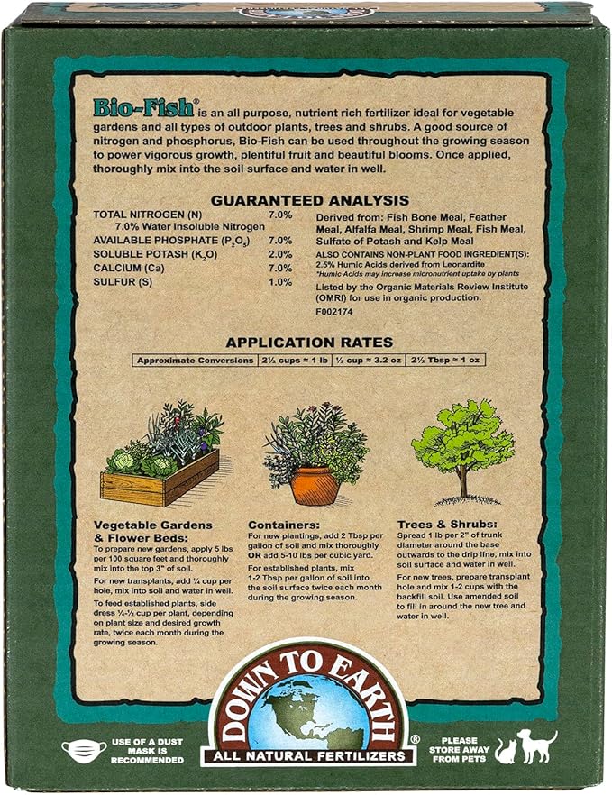 Down To Earth All Natural Fertilizers Organic Bio-Fish - Plant Food for Corn, Broccoli, Kale, Trees and Shrubs 7-7-2, 5 lb