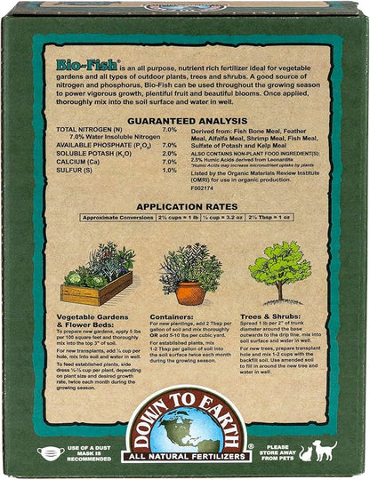 Down To Earth All Natural Fertilizers Organic Bio-Fish - Plant Food for Corn, Broccoli, Kale, Trees and Shrubs 7-7-2, 5 lb