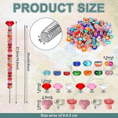 Tigeen 236 Pcs Garden Stake DIY Fairy Wand Plant Stake with 12 Colorful Crystal Stopper Top 12 Threaded Rod with 200 Large Hole Bead for Spring Summer Holiday Outdoor Decorations(Ceramic Rose Heart)