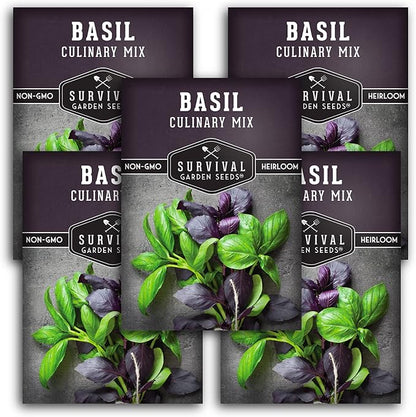 Basil Seeds Mix for Planting - Culinary Genovese Italian, Lemon, Lime, Opal & Thai Basil Seed Blend - Heirloom Non-GMO Kitchen Garden Herbs - Survival Garden Seeds (5 Packs)