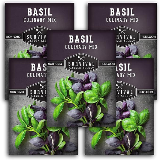 Basil Seeds Mix for Planting - Culinary Genovese Italian, Lemon, Lime, Opal & Thai Basil Seed Blend - Heirloom Non-GMO Kitchen Garden Herbs - Survival Garden Seeds (5 Packs)