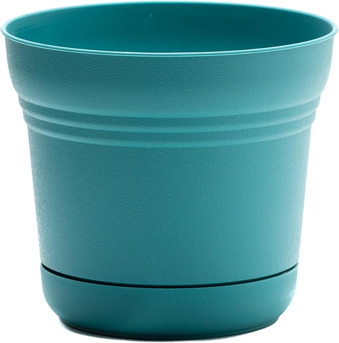 Bloem Saturn 7" Bermuda Teal Round Resin Planter Pot with Snap-in Saucer for Indoor and Outdoor Gardening