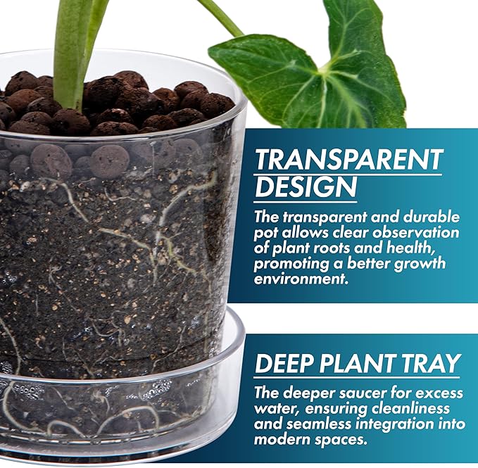 Phoenix Vine 4.5 Inch Clear Acrylic Planter Pot with Tray, Orchid Pot with Drainage Holes, Deep Saucer for Bottom Watering, Transparent Containers for Indoor Plants, Herbs, Set of 4, 91-A-E-4