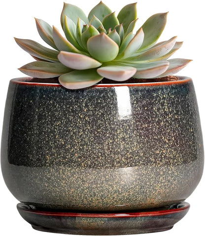 G EPGardening 6 Inch Plant Pot - Ceramic Succulent Pots with Drainage and Ceramic Tray, Round Planter for Indoor Outdoor Plants, Decorative Flower Pots, Home Decor, Gift for Women Men, Speckled Brown