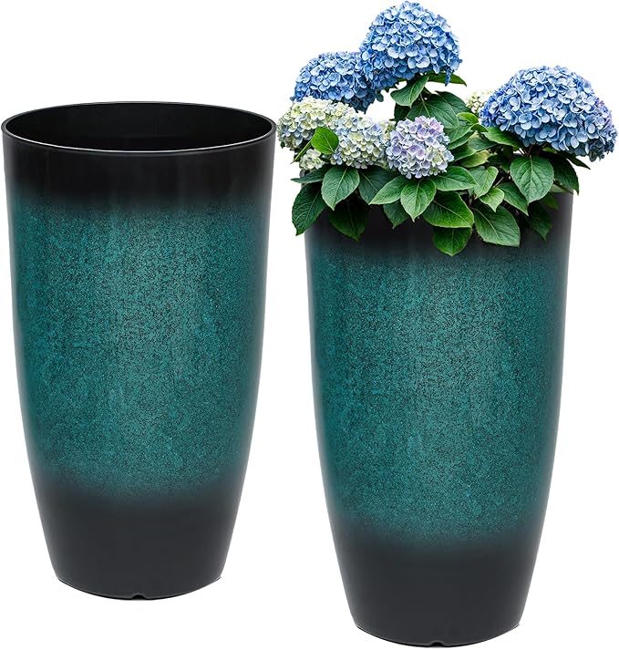 23.8" Tall Outdoor Planters Set of 2, Ceramic-Look Large Flower Pots for Indoor Outdoor Plants, All Seasons for Porch, Balcony, Garden, Patio or Home Art Decor, Gradient Turquoise Finish