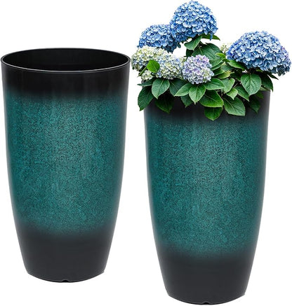 23.8" Tall Outdoor Planters Set of 2, Ceramic-Look Large Flower Pots for Indoor Outdoor Plants, All Seasons for Porch, Balcony, Garden, Patio or Home Art Decor, Gradient Turquoise Finish