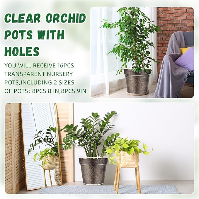Maxcheck 16 Pcs Thick Clear Nursery Pots for Plants Transparent Plastic Garden Pots with Holes for Seedling Variety Plants Growing in Garden Home (8+9 Inch)