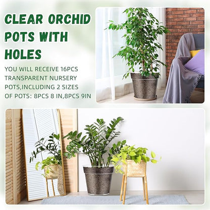 Maxcheck 16 Pcs Thick Clear Nursery Pots for Plants Transparent Plastic Garden Pots with Holes for Seedling Variety Plants Growing in Garden Home (8+9 Inch)