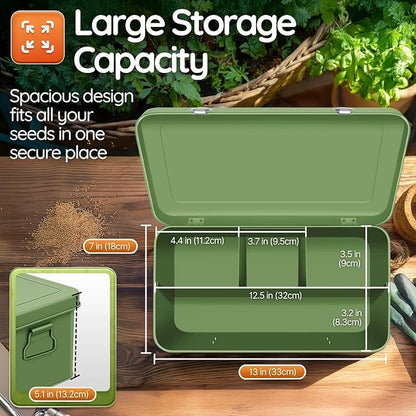 Flexzion Seed Saving Box - Metal Seed Storage Organizer Box with Lid, 4 Spacious Compartments Storage Bin for Garden Tools & More with Safety Locks, Green
