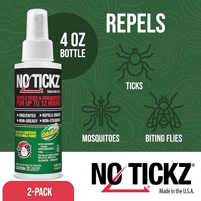No Tickz Tick Repellent with 20% Picaridin, 12-Hour Protection from Ticks & Mosquitoes, Non-Greasy Formula, Made in The USA, Unscented, 4 Ounce Spray Bottle, 2-Pack