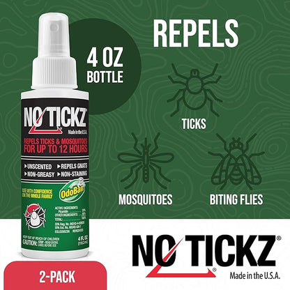 No Tickz Tick Repellent with 20% Picaridin, 12-Hour Protection from Ticks & Mosquitoes, Non-Greasy Formula, Made in The USA, Unscented, 4 Ounce Spray Bottle, 2-Pack