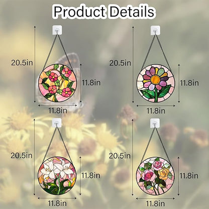 Stained Glass Window Hanging 4 Pcs Set Pink Floral Theme Large 11.8" - Flowers Suncatcher Door Garden Sun Catcher Decor Birthday Christmas for Mom Woman Nana Men Friend
