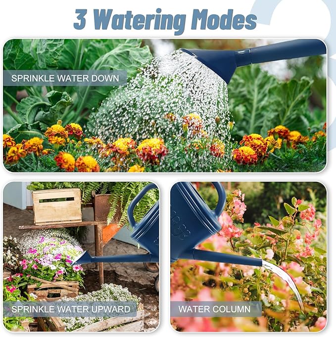 Watering Can for Indoor & Outdoor Plants, Plant Watering Can with Stainless Steel Shower Head, 1 Gallon Plastic Watering Can for Garden, Flowers, Vegetable, Greenhouse (Dark Blue, 1 Gallon)