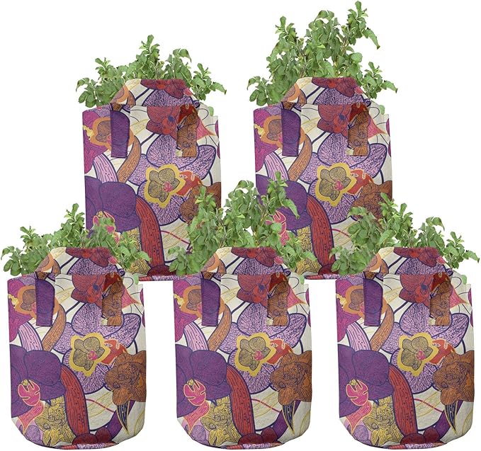 Ambesonne Colorful Grow Bags 5-Pack, Vibrant Vintage Orchid, Heavyduty Fabric Pots with Handles for Plants, Purple Lilac
