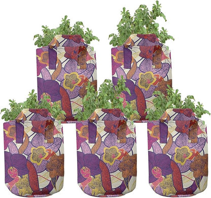 Ambesonne Colorful Grow Bags 5-Pack, Vibrant Vintage Orchid, Heavyduty Fabric Pots with Handles for Plants, Purple Lilac