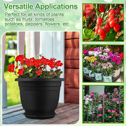 12 Pack 12' Plastic Plant Pots Round Planter Pots with Saucer Tray Seedling Pot Hole Seed Resin Plant Pot Starting Nursery Flower Container with Pallet for Garden Outdoor Indoor(Black)