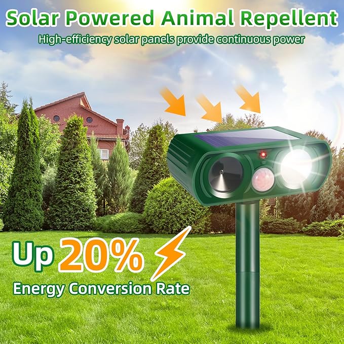 Upgraded Ultrasonic Solar Animal Repellent Outdoor Deer Repellent Devices Cat Deterrent Motion Detection Strobe Light IP65 Waterproof Repeller for Squirrel Racoon Dog Rabbit,Garden Yard,2 Pack