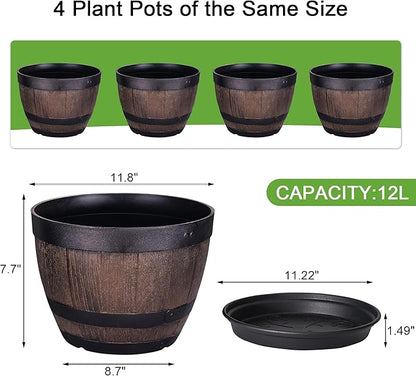 VECELO Plant Pots with Drainage Holes & Saucer, 11.3 Inch Flower Pots with Tray, 4 Pack Plastic Whiskey Barrel Planters for Indoor & Outdoor Garden Home Plants and Flowers
